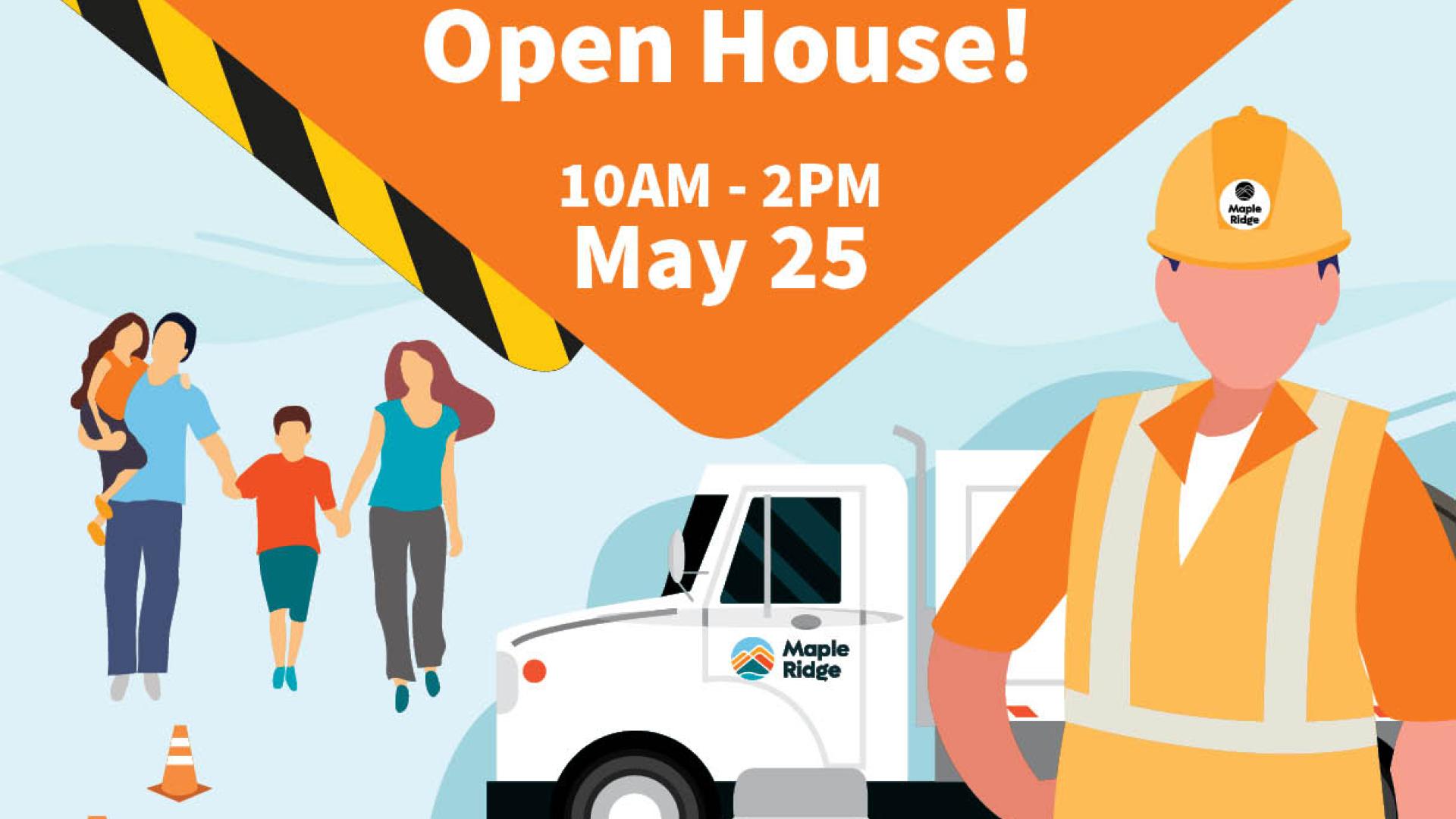 Image includes people going to an event with a public services truck and staff. The text says Public Works Week Open House on May 25